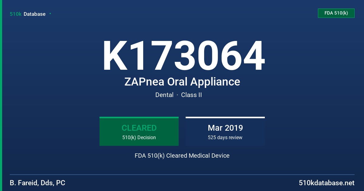 K173064 ZAPnea Oral Appliance FDA 510(k) Cleared Medical Device