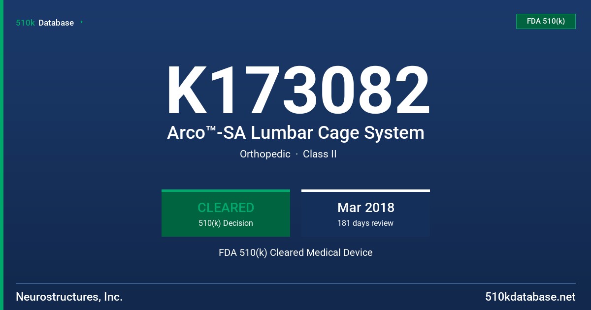 K173082 Arco™-SA Lumbar Cage System FDA 510(k) Cleared Medical Device