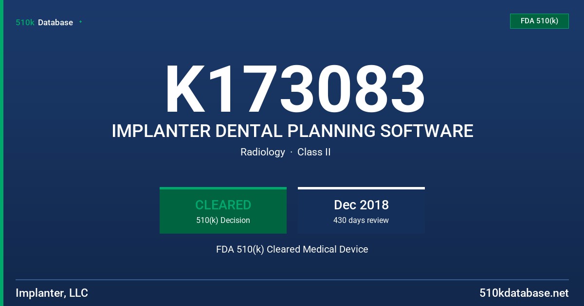 K173083 IMPLANTER DENTAL PLANNING SOFTWARE FDA 510(k) Cleared Medical Device