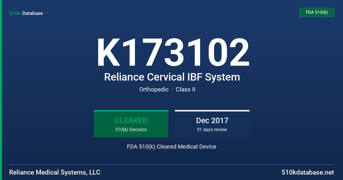 K173102 Reliance Cervical IBF System FDA 510(k) Cleared Medical Device