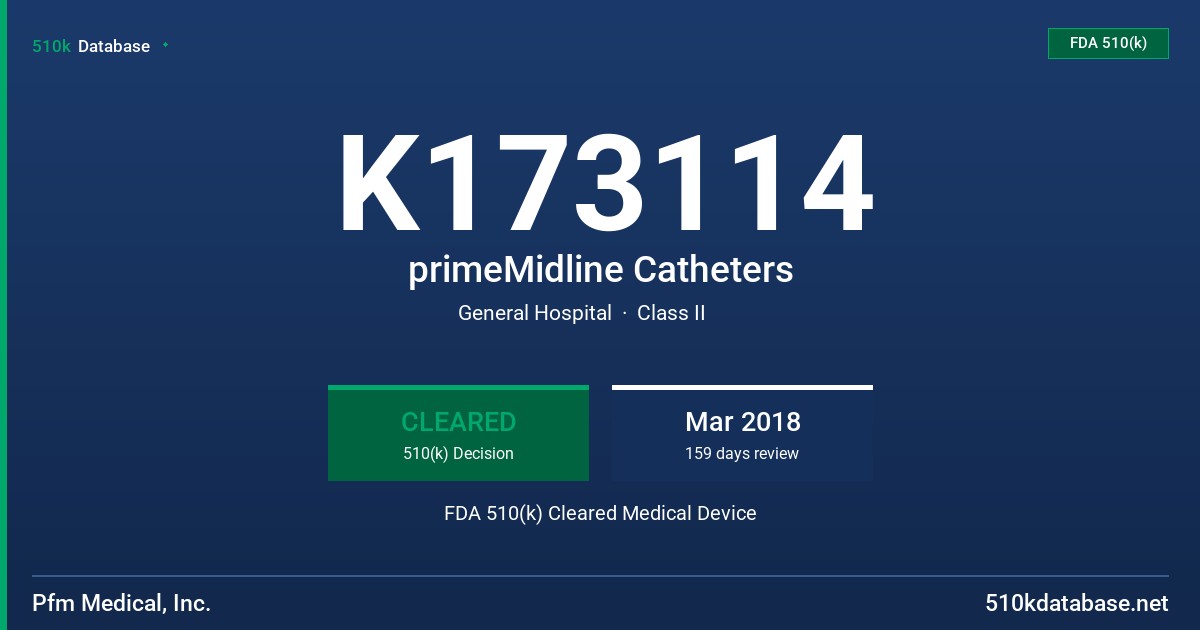 K173114 primeMidline Catheters FDA 510(k) Cleared Medical Device