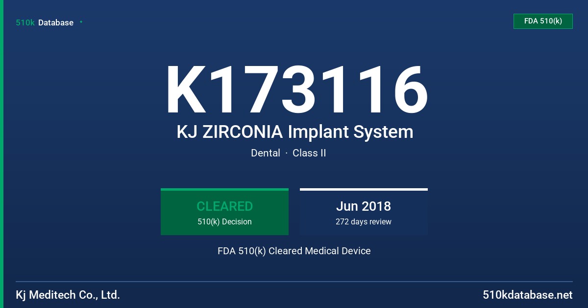 K173116 KJ ZIRCONIA Implant System FDA 510(k) Cleared Medical Device