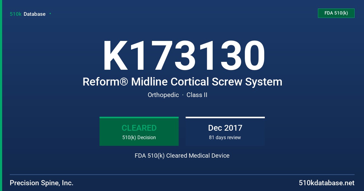 K173130 Reform® Midline Cortical Screw System FDA 510(k) Cleared Medical Device