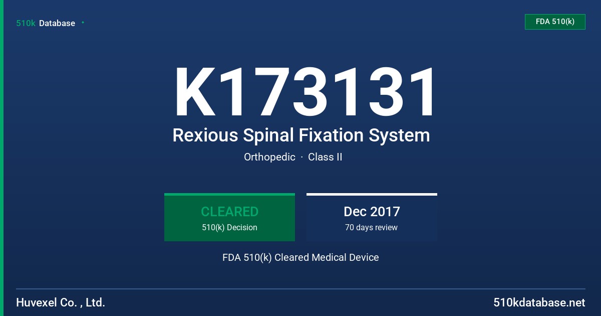 K173131 Rexious Spinal Fixation System FDA 510(k) Cleared Medical Device