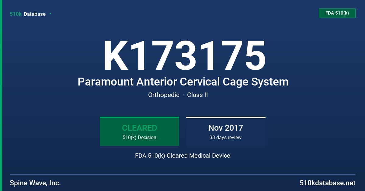 K173175 Paramount Anterior Cervical Cage System FDA 510(k) Cleared Medical Device