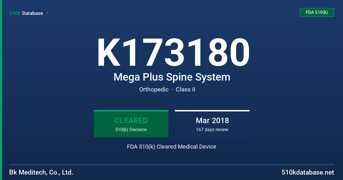 K173180 Mega Plus Spine System FDA 510(k) Cleared Medical Device