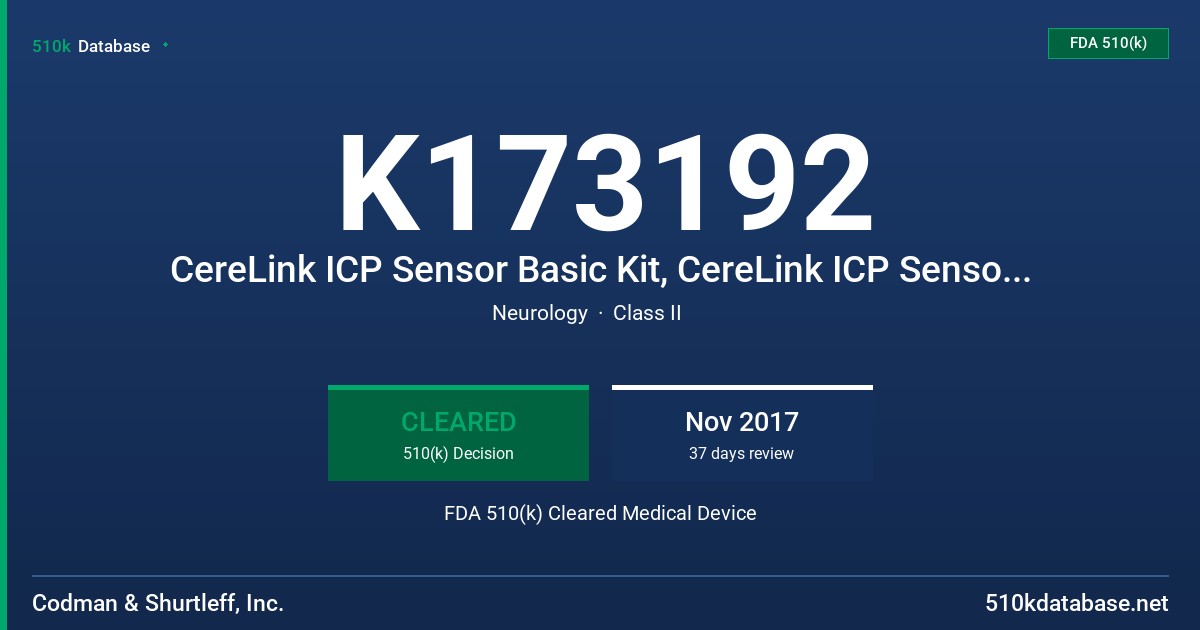 K173192 CereLink ICP Sensor Basic Kit, CereLink ICP Sensor Metal Skull Bolt Kit, CereLink ICP Sensor Plastic Skull Bolt Kit, CereLink ICP Sensor Ventricular Catheter Kit FDA 510(k) Cleared Medical Device