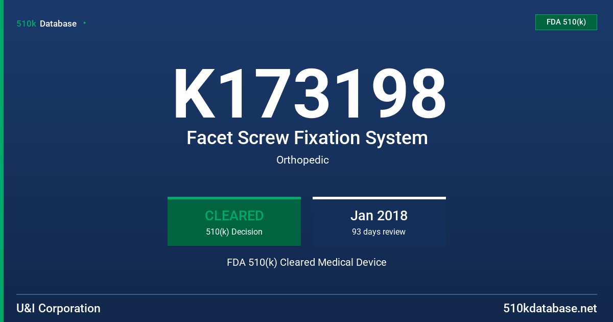 K173198 Facet Screw Fixation System FDA 510(k) Cleared Medical Device