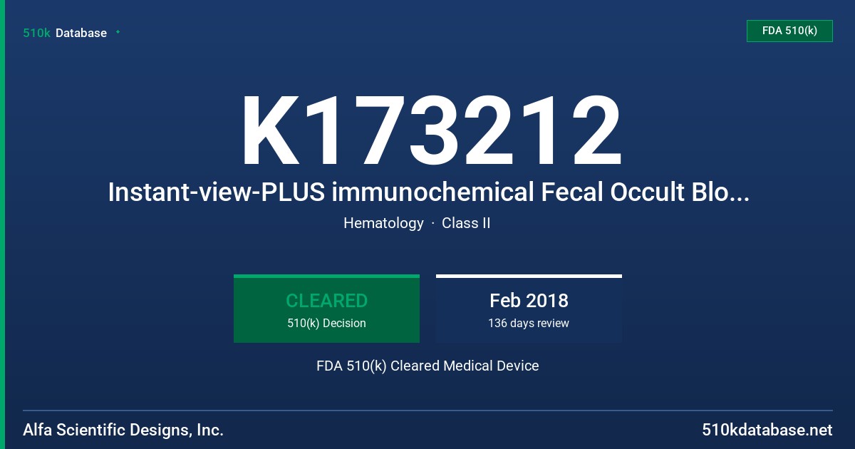 K173212 Instant-view-PLUS immunochemical Fecal Occult Blood Test FDA 510(k) Cleared Medical Device