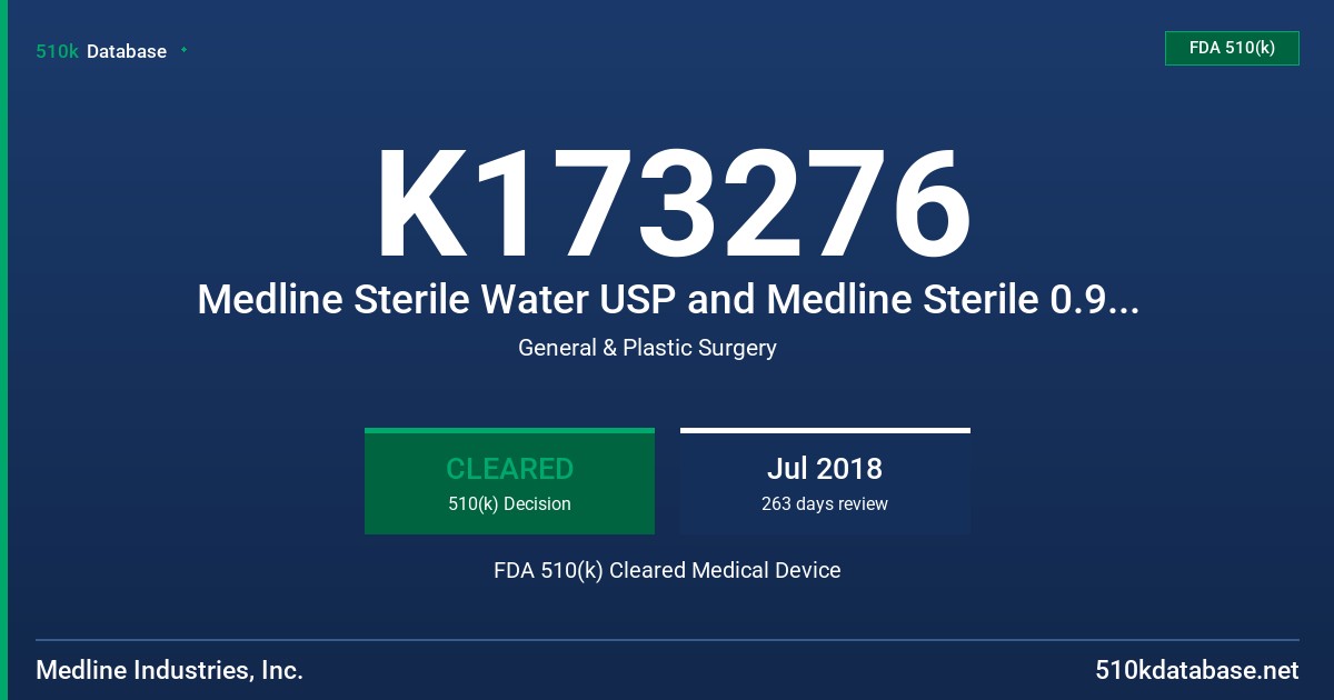 K173276 Medline Sterile Water USP and Medline Sterile 0.9% Normal Saline USP FDA 510(k) Cleared Medical Device