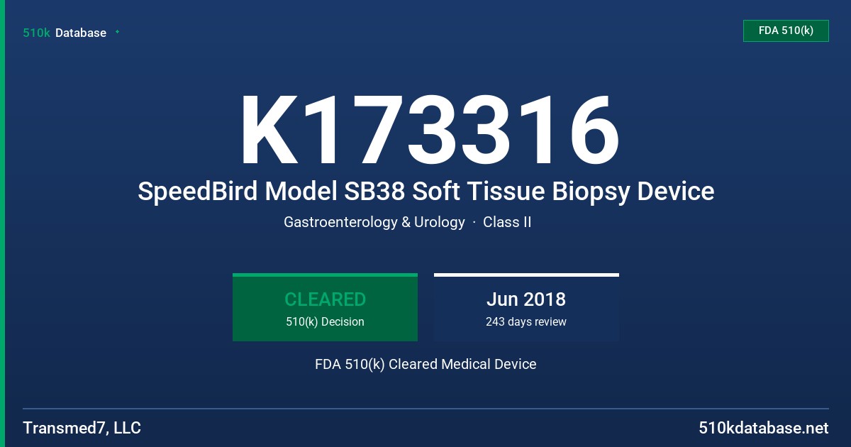 K173316 SpeedBird Model SB38 Soft Tissue Biopsy Device FDA 510(k) Cleared Medical Device