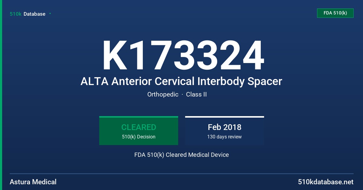 K173324 ALTA Anterior Cervical Interbody Spacer FDA 510(k) Cleared Medical Device