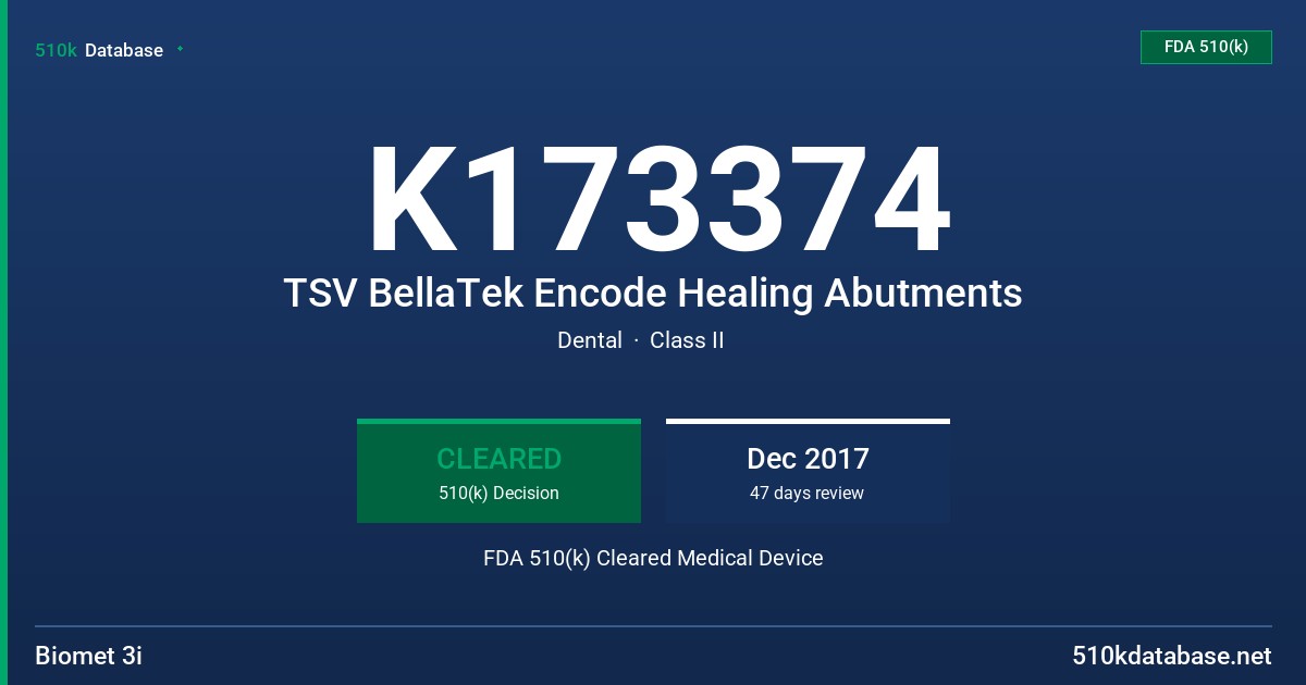 K173374 TSV BellaTek Encode Healing Abutments FDA 510(k) Cleared Medical Device