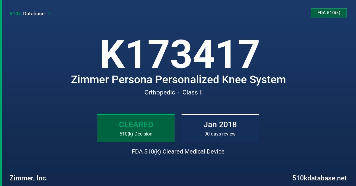 K173417 Zimmer Persona Personalized Knee System FDA 510(k) Cleared Medical Device
