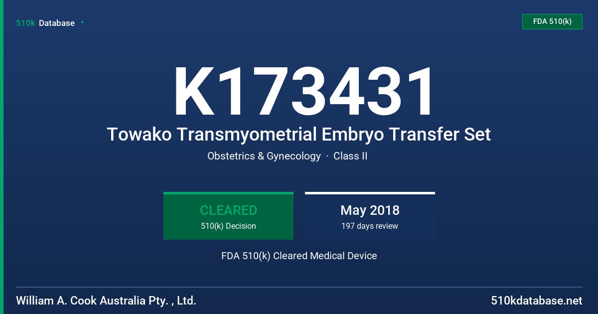 K173431 Towako Transmyometrial Embryo Transfer Set FDA 510(k) Cleared Medical Device