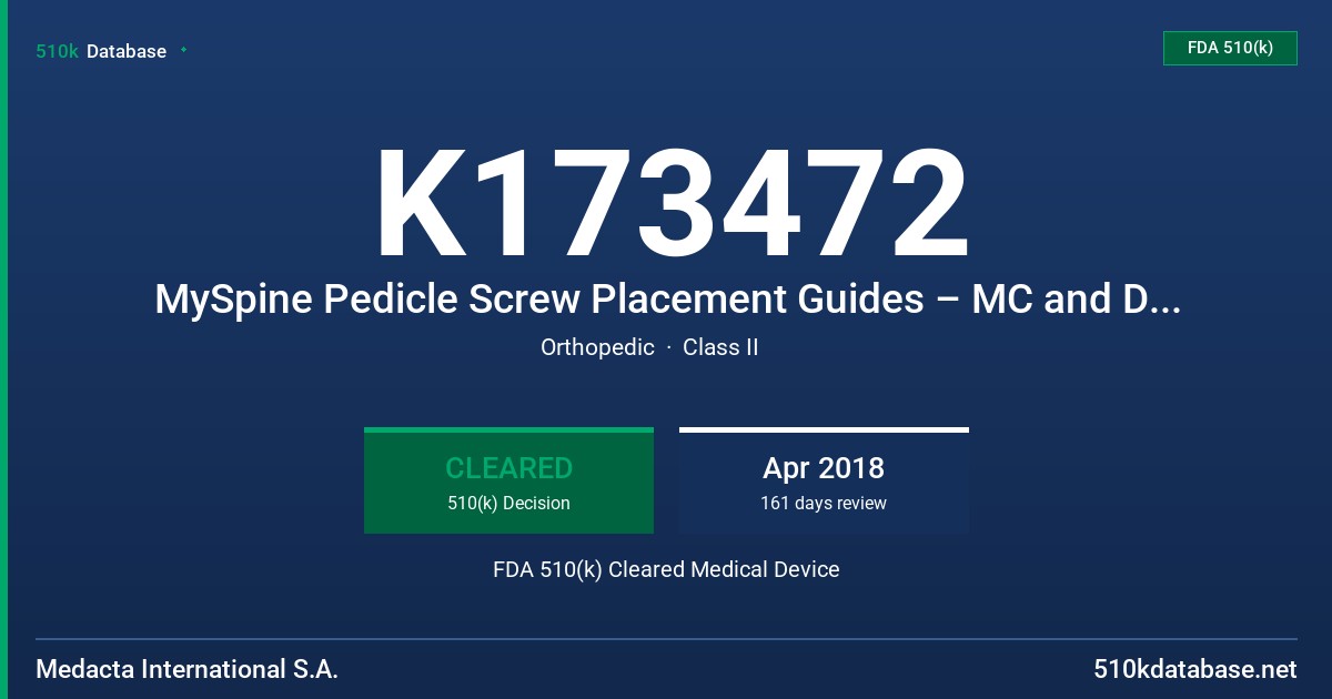 K173472 MySpine Pedicle Screw Placement Guides – MC and Drill Pilot Instruments FDA 510(k) Cleared Medical Device