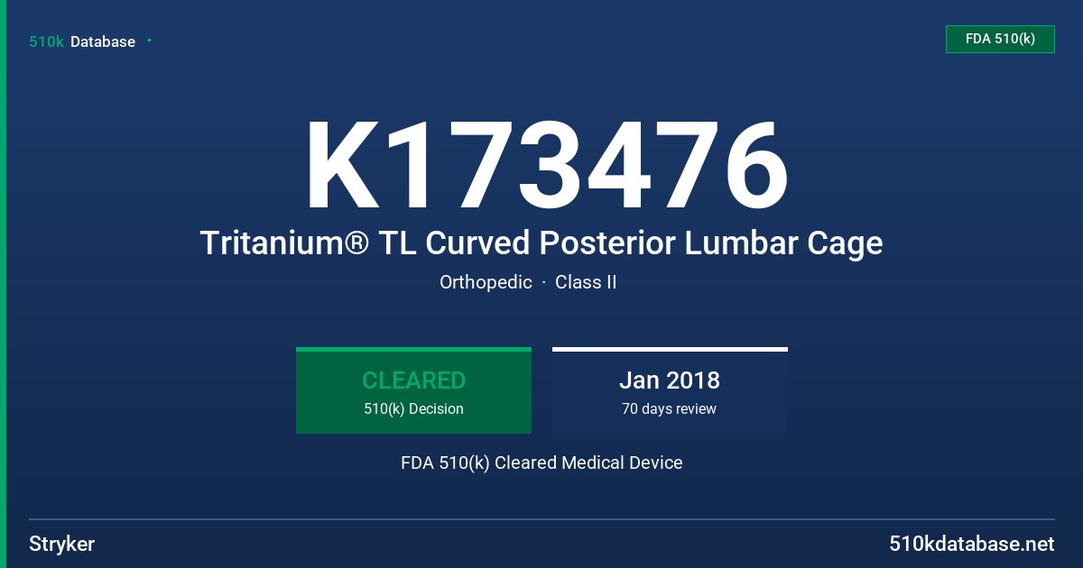 K173476 Tritanium® TL Curved Posterior Lumbar Cage FDA 510(k) Cleared Medical Device