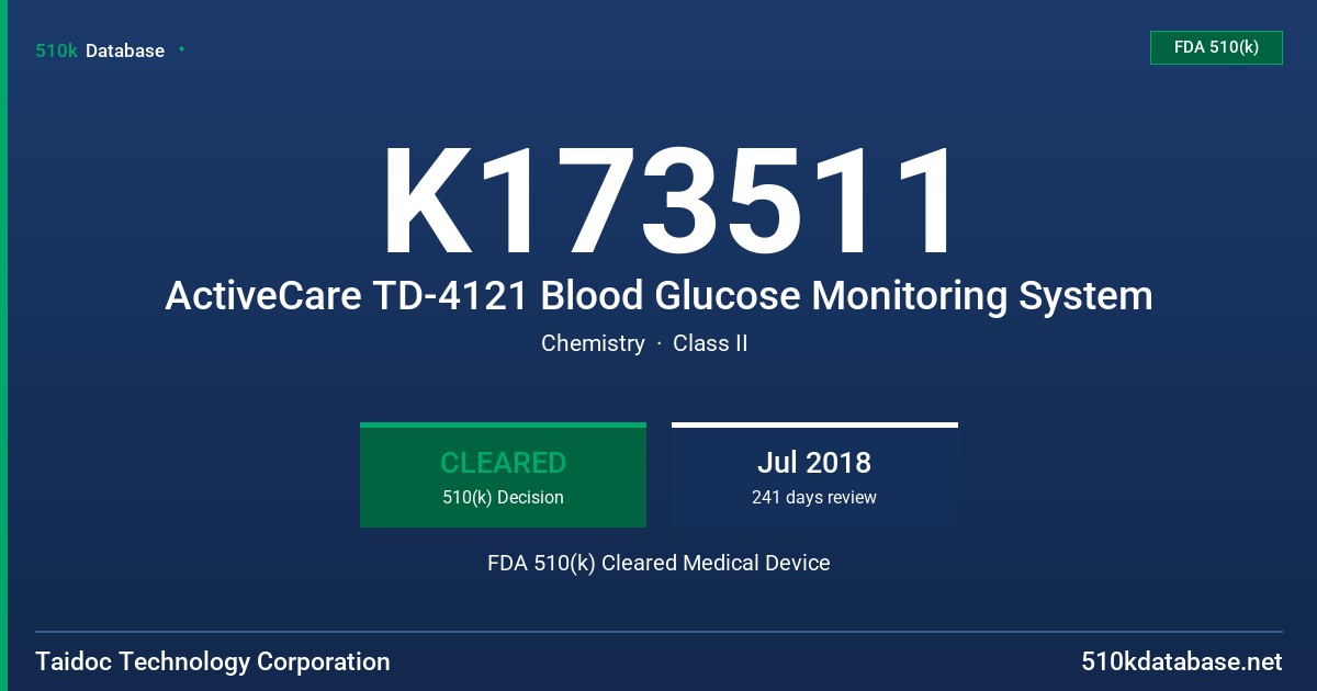 K173511 ActiveCare TD-4121 Blood Glucose Monitoring System FDA 510(k) Cleared Medical Device