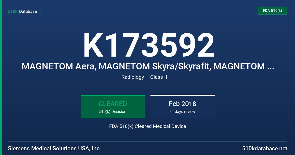 K173592 MAGNETOM Aera, MAGNETOM Skyra/Skyrafit, MAGNETOM Prisma/Prismafit, MAGNETOM Avantofit FDA 510(k) Cleared Medical Device