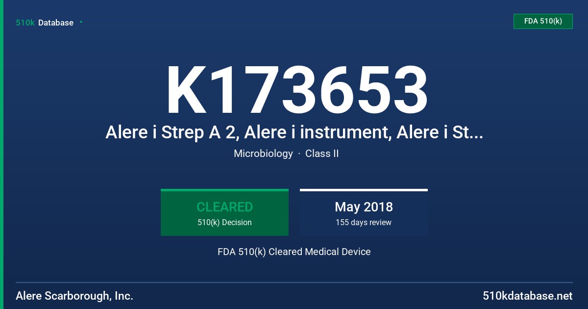 K173653 Alere i Strep A 2, Alere i instrument, Alere i Strep A 2 Control Swab Kit FDA 510(k) Cleared Medical Device