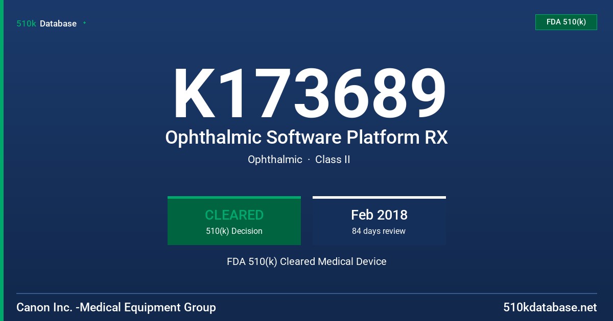 K173689 Ophthalmic Software Platform RX FDA 510(k) Cleared Medical Device