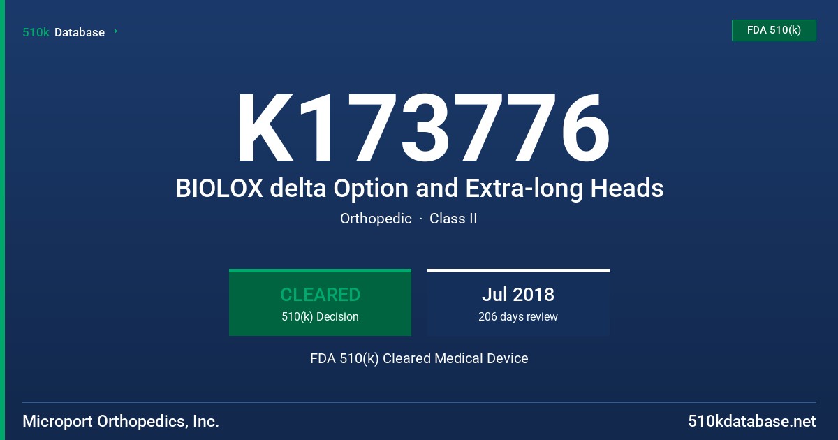 K173776 BIOLOX delta Option and Extra-long Heads FDA 510(k) Cleared Medical Device