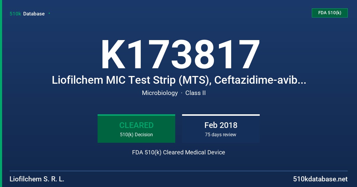 K173817 Liofilchem MIC Test Strip (MTS), Ceftazidime-avibactam 0.016/4 - 256/4 µg/mL FDA 510(k) Cleared Medical Device