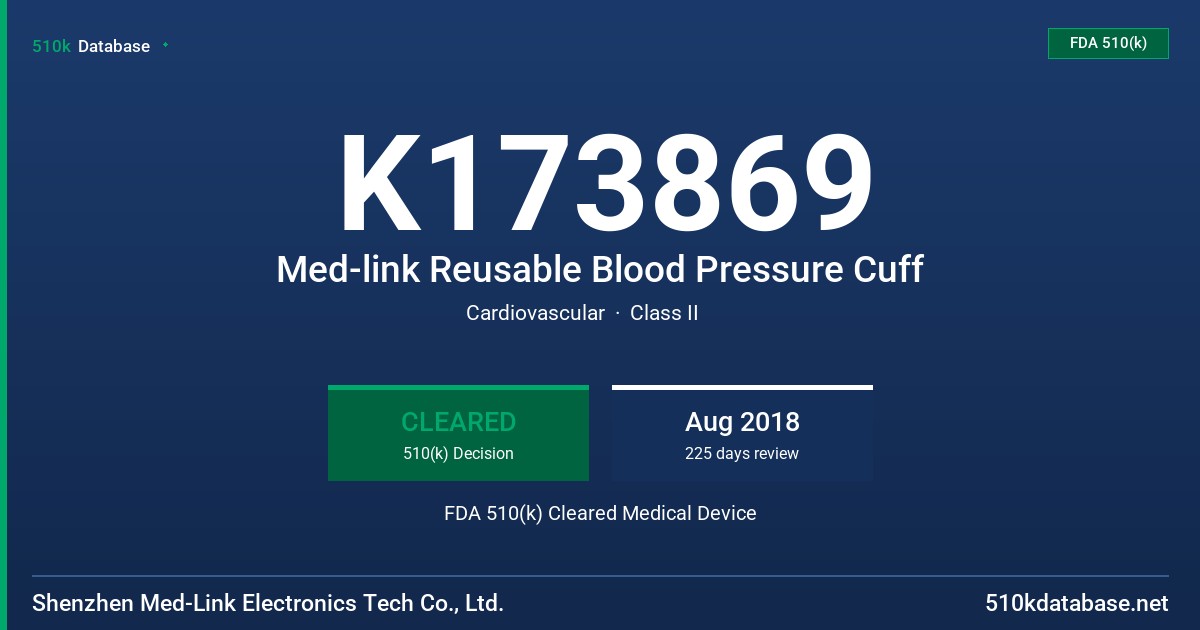 K173869 Med-link Reusable Blood Pressure Cuff FDA 510(k) Cleared Medical Device