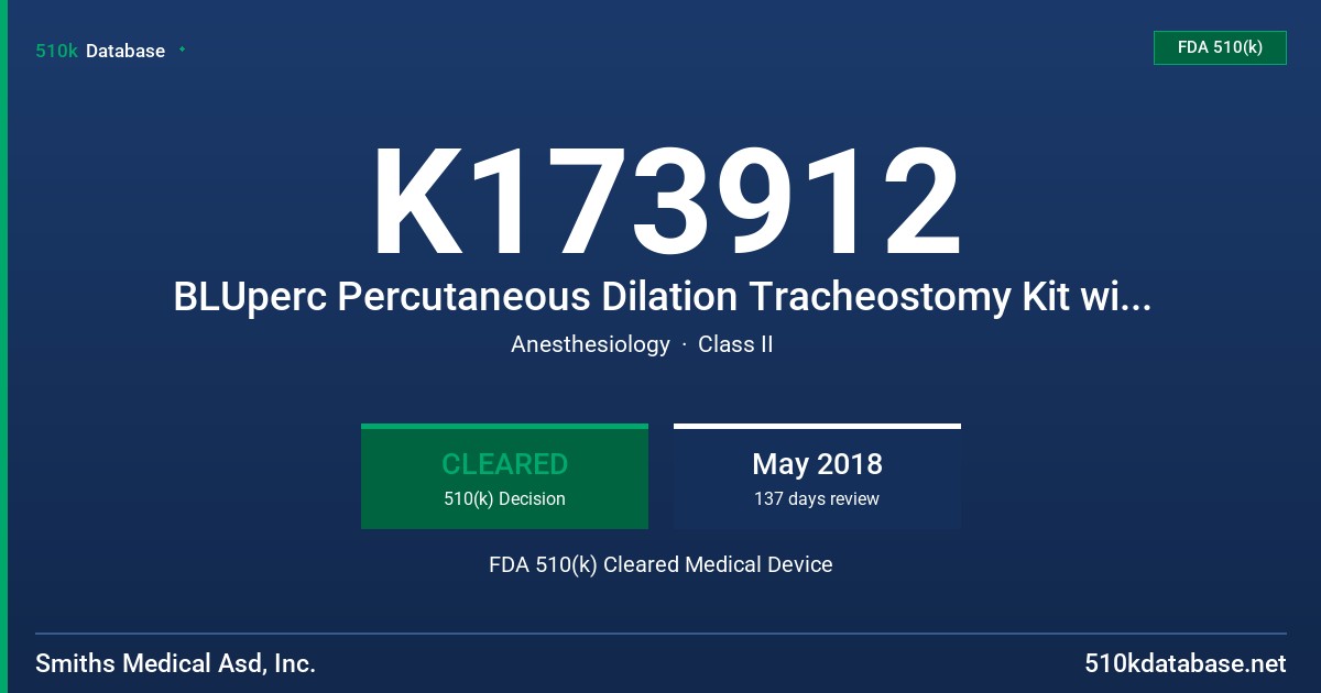 K173912 BLUperc Percutaneous Dilation Tracheostomy Kit with BLUselect tube, BLUperc Percutaneous Dilation Tracheostomy Kit with BLUselect Suctionaid tube, BLUgriggs Percutaneous Dilation Tracheostomy Kit with BLUselect tube, BLUgriggs Percutaneous Dilation Tracheostomy Kit with BLUselect Suctionaid tube FDA 510(k) Cleared Medical Device