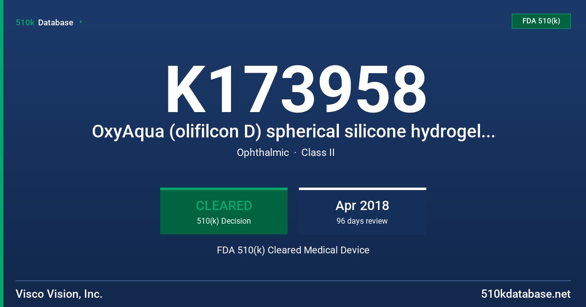 K173958 OxyAqua (olifilcon D) spherical silicone hydrogel soft contact lens, OxyAqua (olifilcon D) multifocal silicone hydrogel soft contact lens, OxyAqua (olifilcon D) toric silicone hydrogel soft contact lens FDA 510(k) Cleared Medical Device