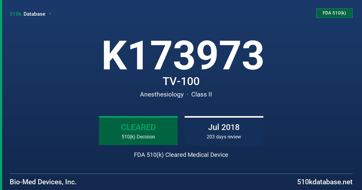 K173973 TV-100 FDA 510(k) Cleared Medical Device