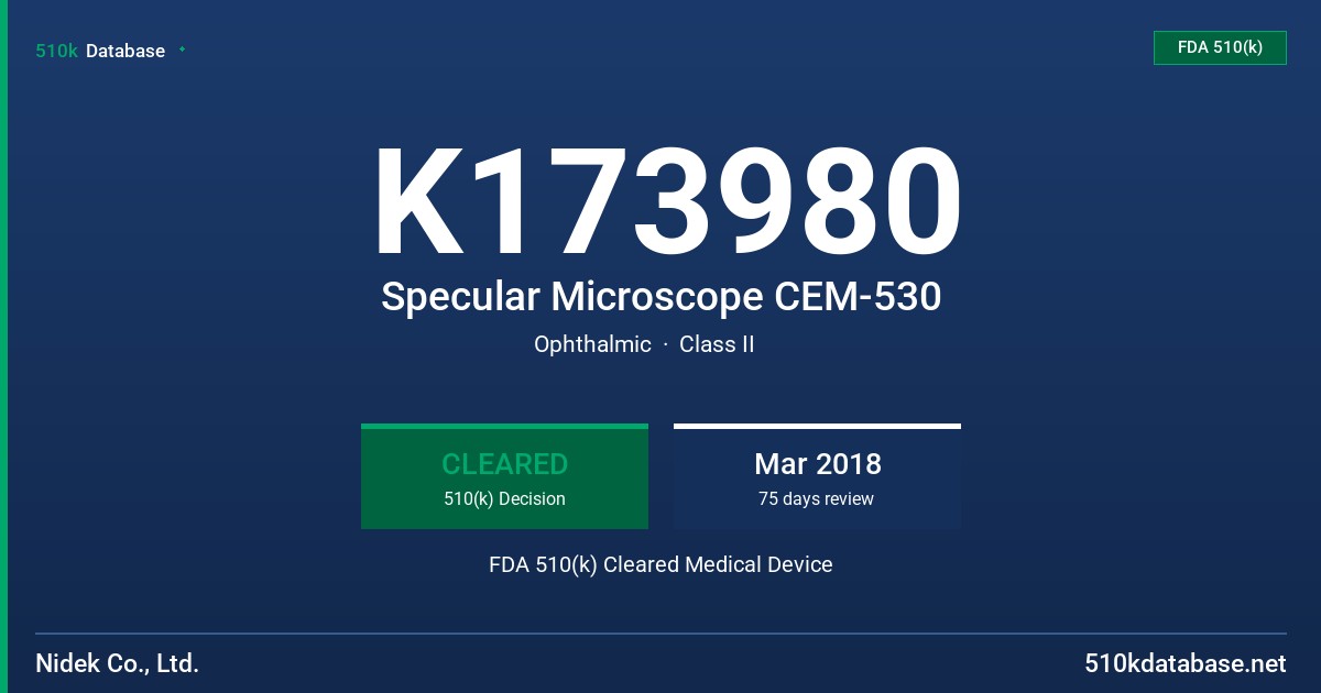 K173980 Specular Microscope CEM-530 FDA 510(k) Cleared Medical Device