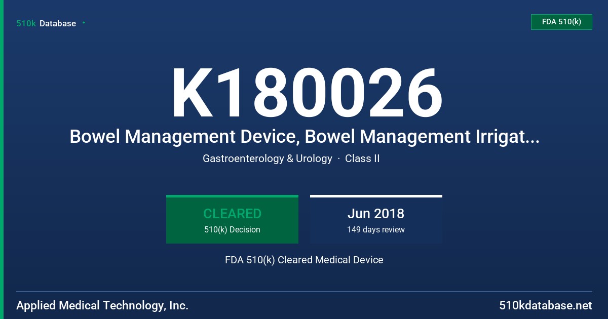 K180026 Bowel Management Device, Bowel Management Irrigation Set FDA 510(k) Cleared Medical Device