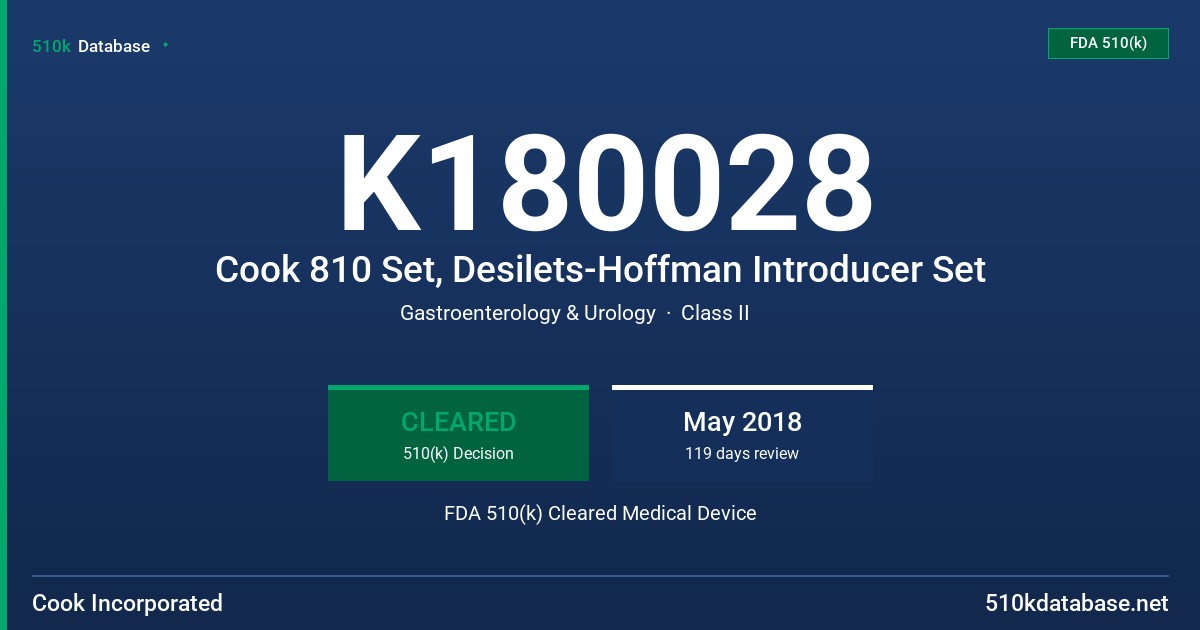 K180028 Cook 810 Set, Desilets-Hoffman Introducer Set FDA 510(k) Cleared Medical Device