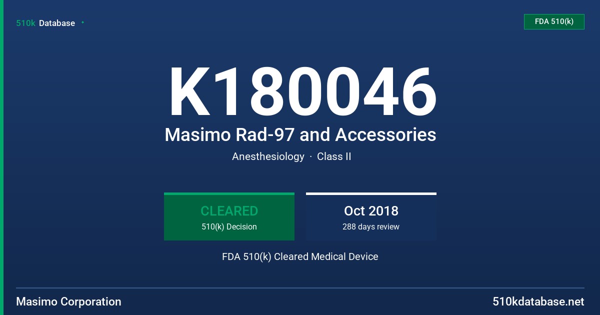 K180046 Masimo Rad-97 and Accessories FDA 510(k) Cleared Medical Device