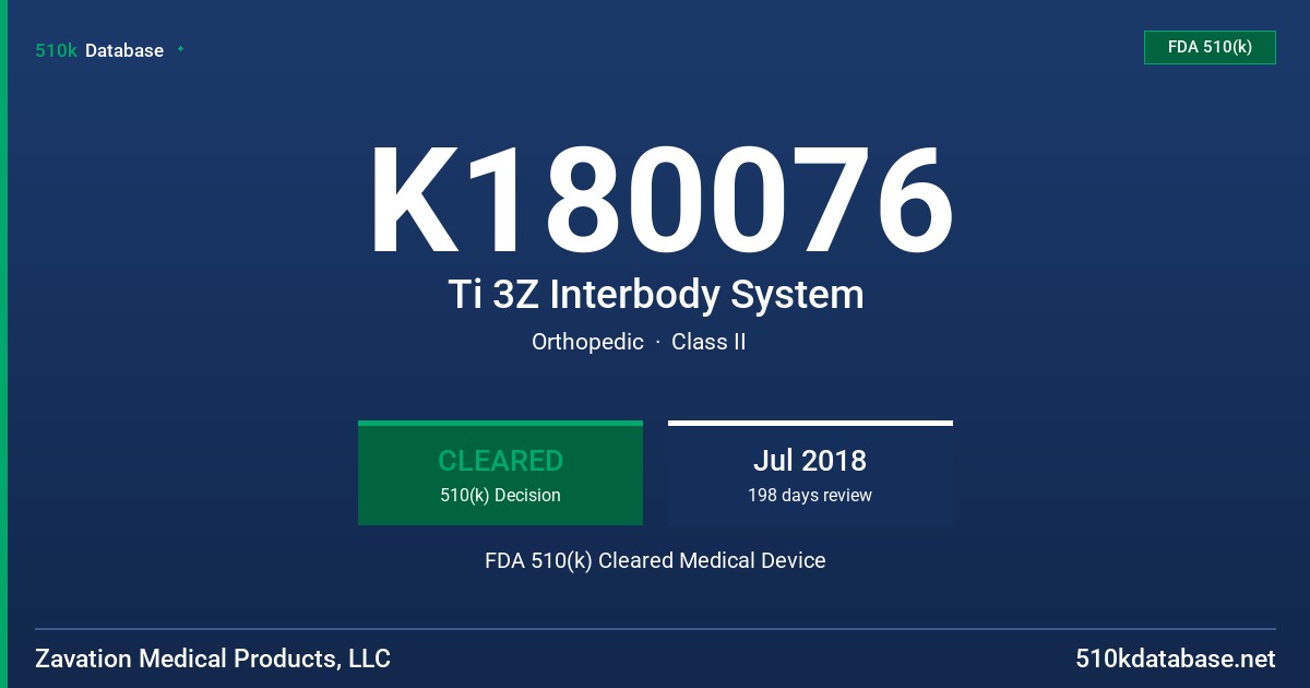 K180076 Ti 3Z Interbody System FDA 510(k) Cleared Medical Device