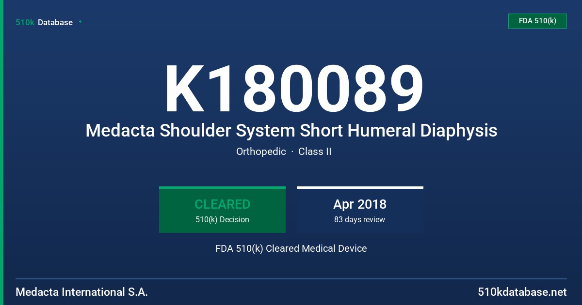 K180089 Medacta Shoulder System Short Humeral Diaphysis FDA 510(k) Cleared Medical Device