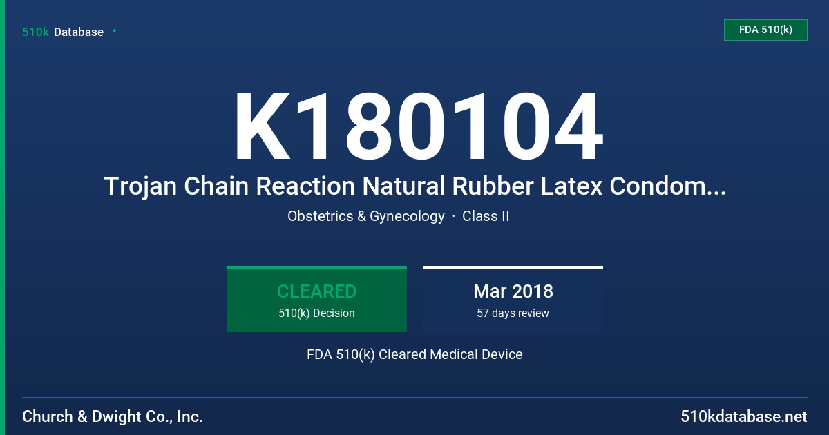 K180104 Trojan Chain Reaction Natural Rubber Latex Condom with Sensate Lubricant FDA 510(k) Cleared Medical Device