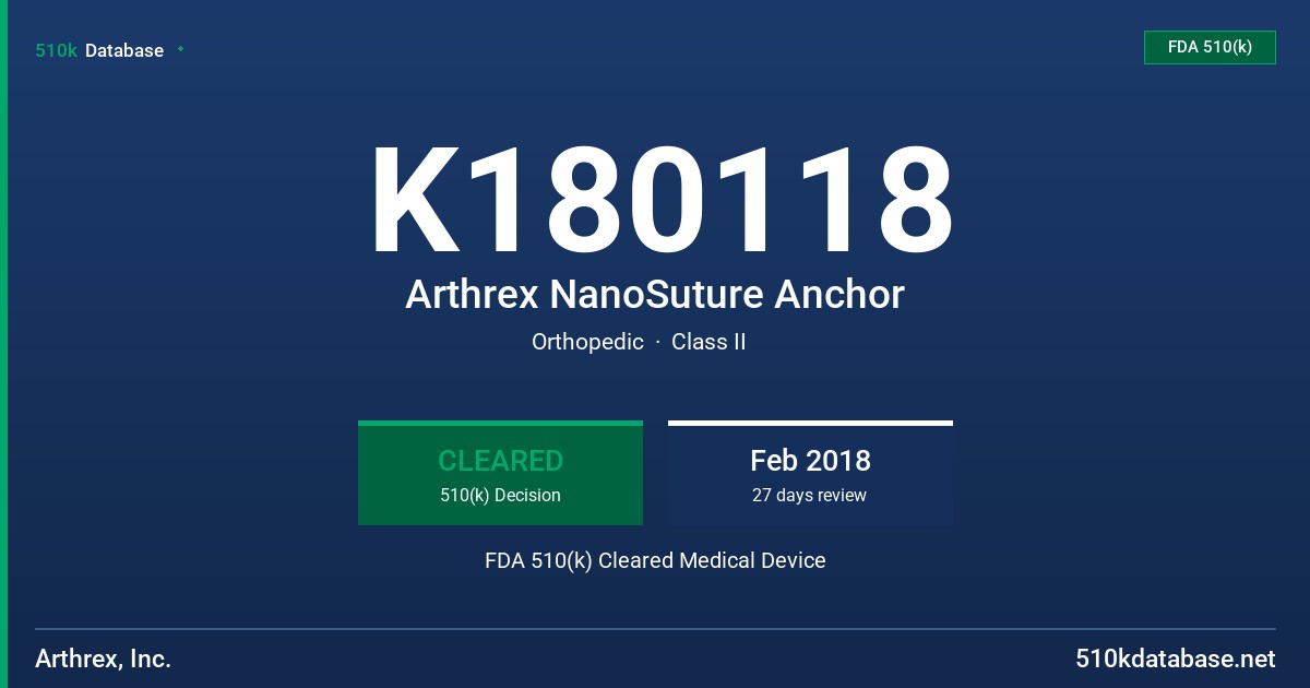 K180118 Arthrex NanoSuture Anchor FDA 510(k) Cleared Medical Device
