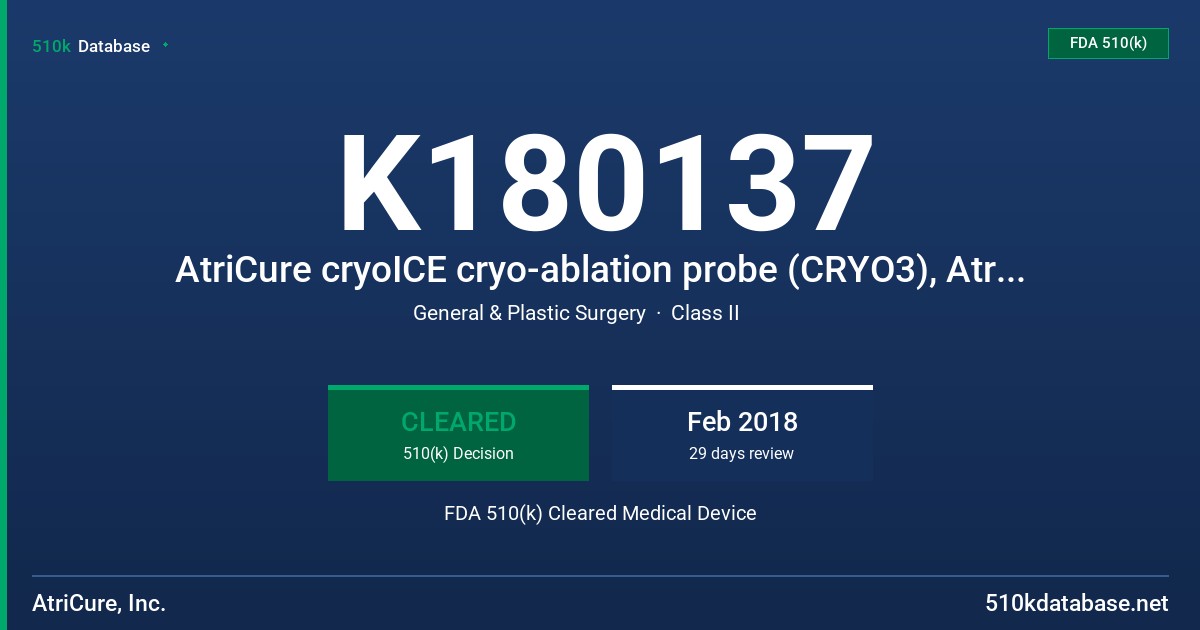 K180137 AtriCure cryoICE cryo-ablation probe (CRYO3), AtriCure cryoICE cryoFORM cryo-ablation probe (CRYOF) FDA 510(k) Cleared Medical Device