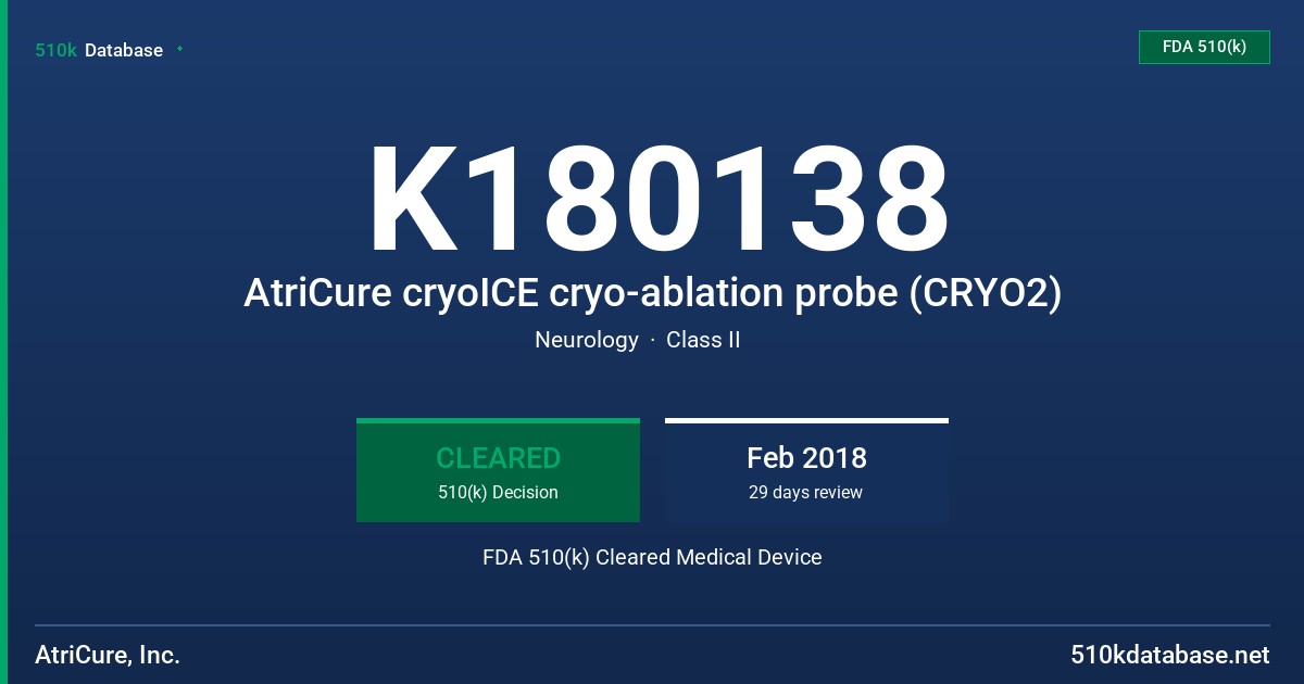 K180138 AtriCure cryoICE cryo-ablation probe (CRYO2) FDA 510(k) Cleared Medical Device
