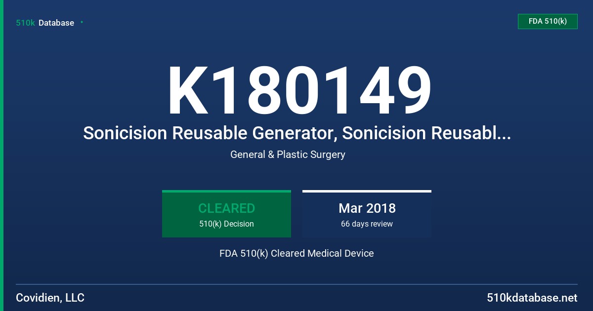 K180149 Sonicision Reusable Generator, Sonicision Reusable Battery Pack, Sonicision Curved Jaw Dissectors (multiple lengths), Sonicision Battery Charger, Sonicision Battery Insertion Guide FDA 510(k) Cleared Medical Device