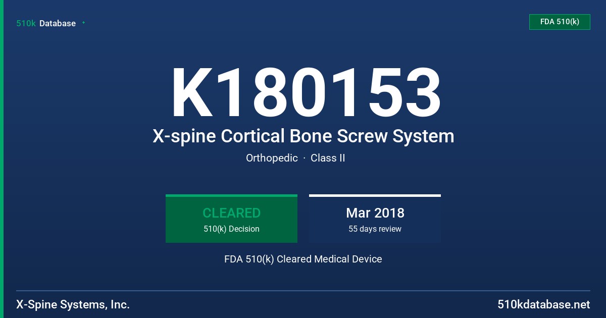 K180153 X-spine Cortical Bone Screw System FDA 510(k) Cleared Medical Device