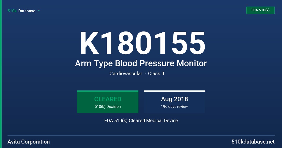 K180155 Arm Type Blood Pressure Monitor FDA 510(k) Cleared Medical Device