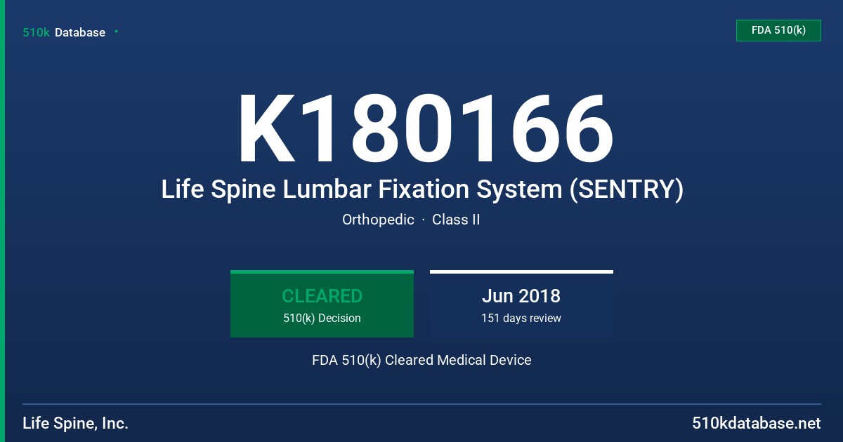 K180166 Life Spine Lumbar Fixation System (SENTRY) FDA 510(k) Cleared Medical Device