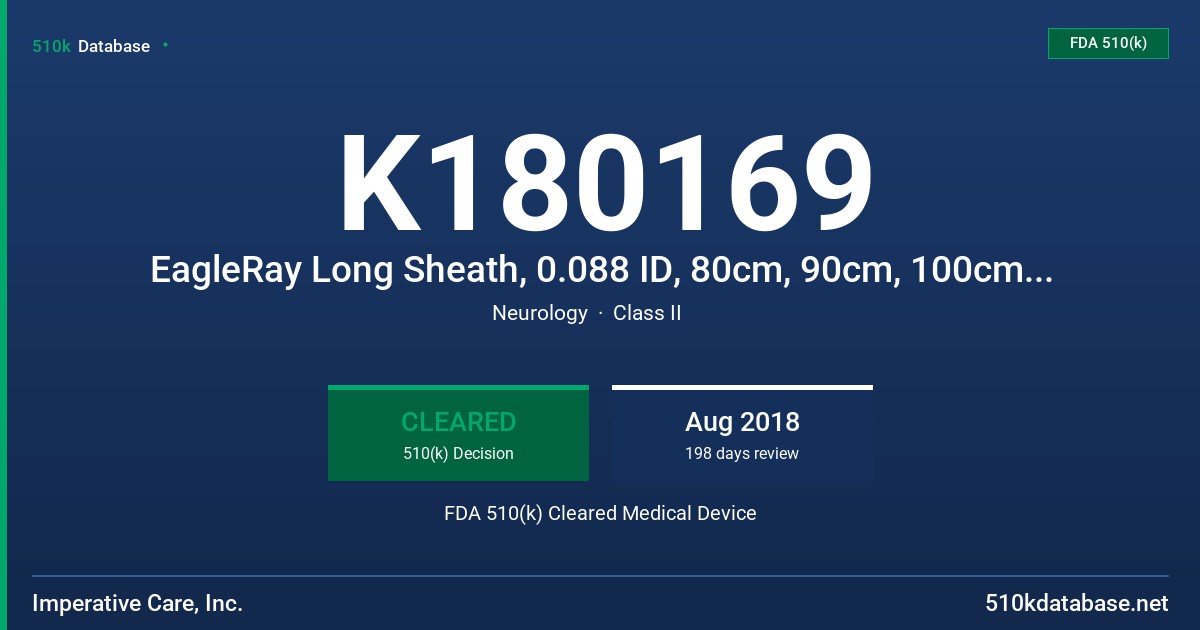 K180169 EagleRay Long Sheath, 0.088 ID, 80cm, 90cm, 100cm and 110cm Lengths, EagleRay Access Catheter, 0.071 ID, 137cm Length, EagleRay Access Catheter, 0.055 ID, 137cm Length, EagleRay Access Catheter, 0.045 ID, 144cm Length, EagleRay Access Catheter, 0.035 ID, 158cm Length FDA 510(k) Cleared Medical Device