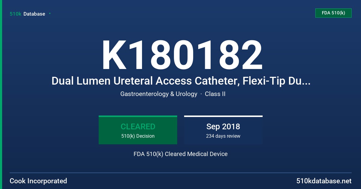 K180182 Dual Lumen Ureteral Access Catheter, Flexi-Tip Dual Lumen Ureteral Access Catheter FDA 510(k) Cleared Medical Device