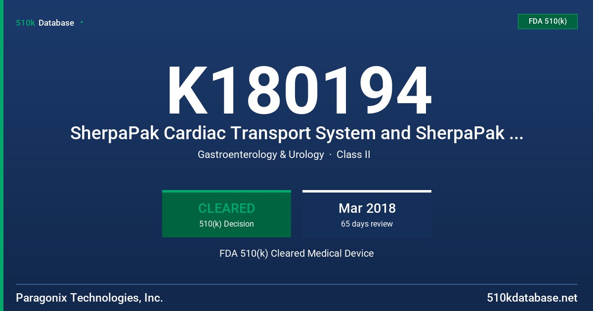 K180194 SherpaPak Cardiac Transport System and SherpaPak Kidney Transport System FDA 510(k) Cleared Medical Device