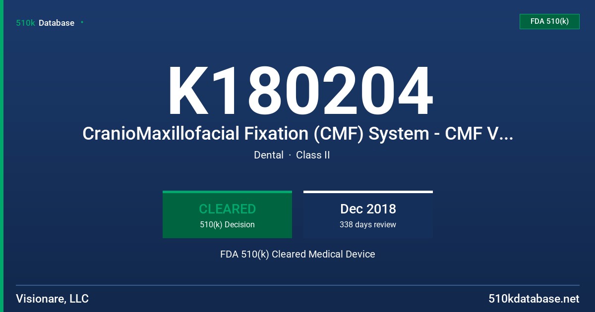 K180204 CranioMaxillofacial Fixation (CMF) System - CMF Visionare FDA 510(k) Cleared Medical Device