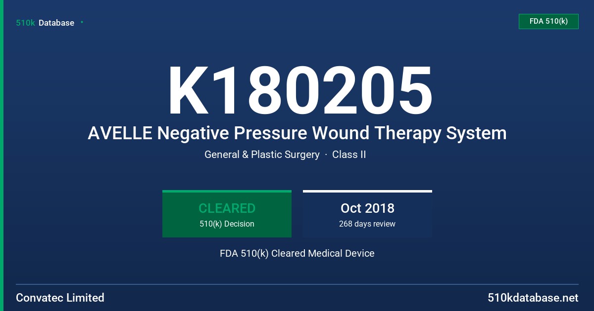K180205 AVELLE Negative Pressure Wound Therapy System FDA 510(k) Cleared Medical Device